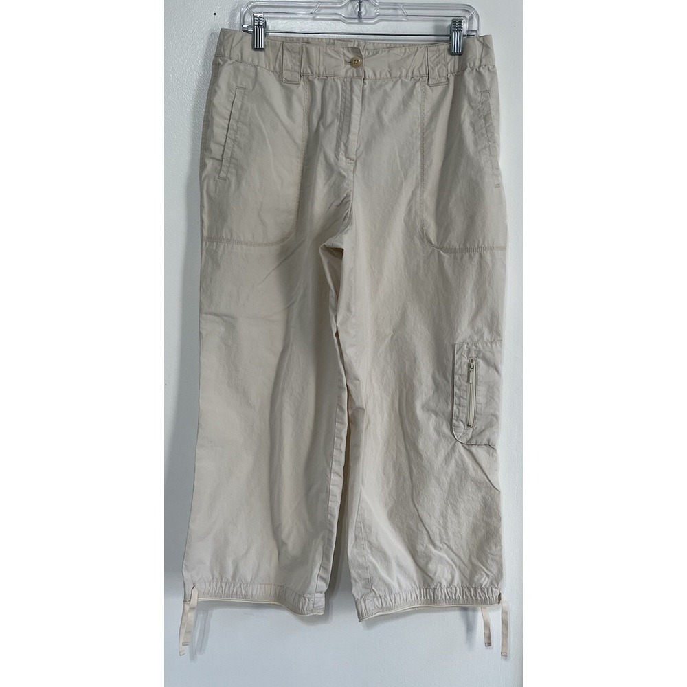 J. Jill Women's Off-White Cotton Cropped Pants Cargo Pockets 10 Straight Leg Zip